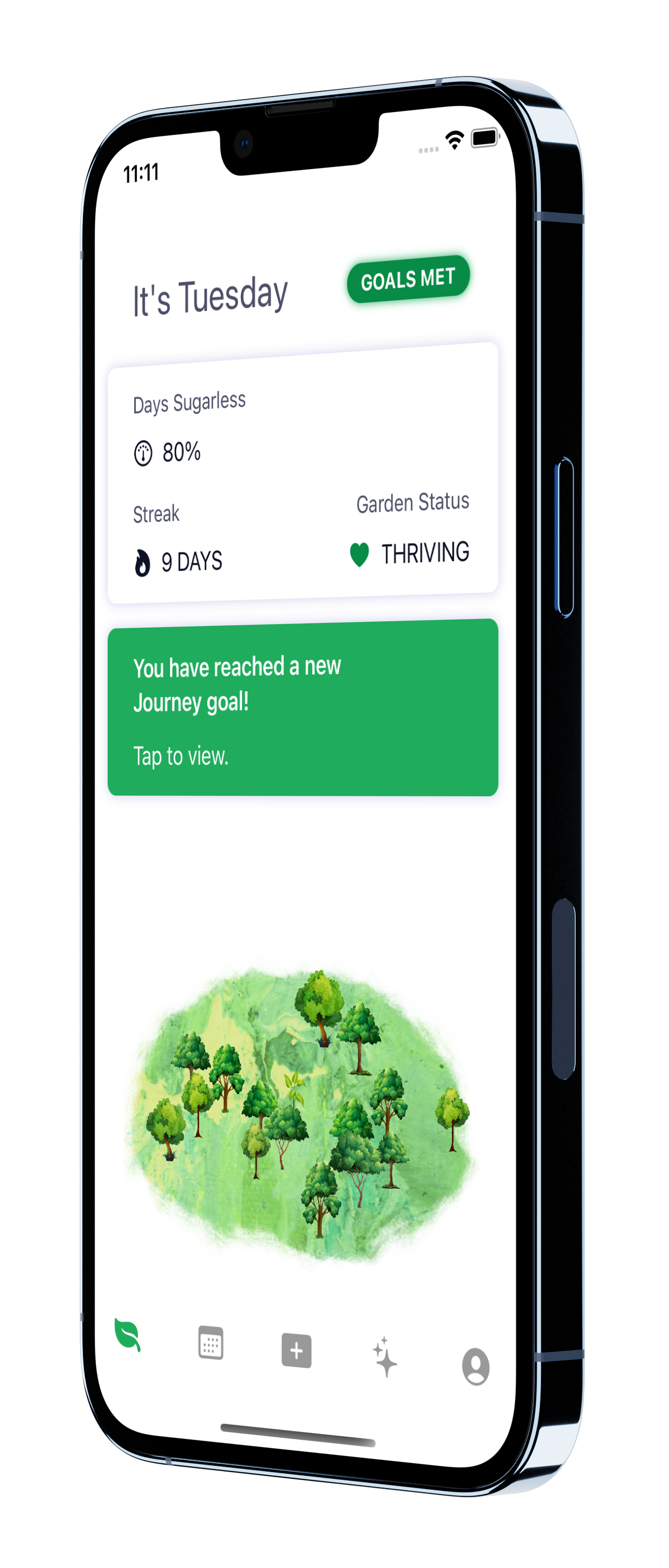 An iPhone with an app showing statistics regarding habit tracking and a lush grove of trees